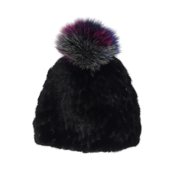 JOCELYN mink multicolor real fur pompom + black beanie hat — super soft! - Picture 2 of 4